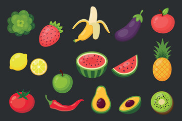 Set of fruits and vegetables. Vector illustration in flat style