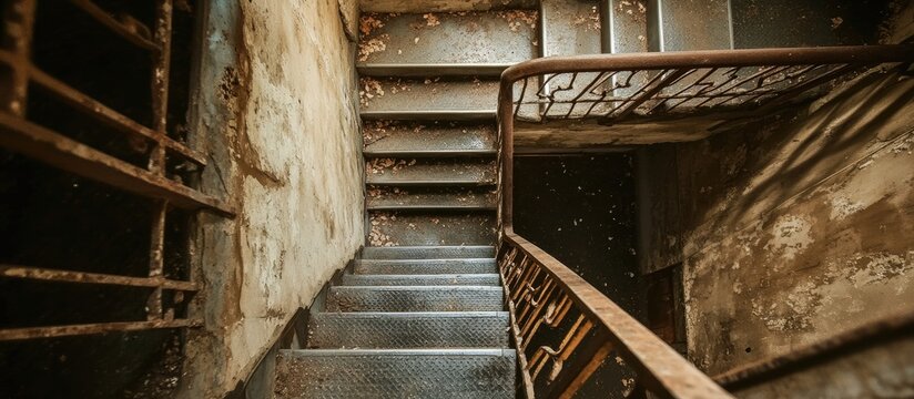 Reinforced metal fire escape stairwell designed for emergency evacuations in an old building environment showcasing rustic textures and structure