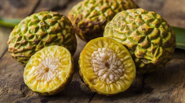 Tarap fruit also known as Timadang marang native to Borneo showcasing its unique texture and vibrant green coloration on a wooden surface