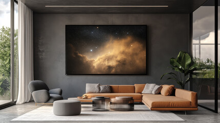 Cosmic Canvas: A large-scale abstract art print featuring a nebula, displayed in a modern living room with a sleek sectional sofa, plush pillows, and a statement coffee table.