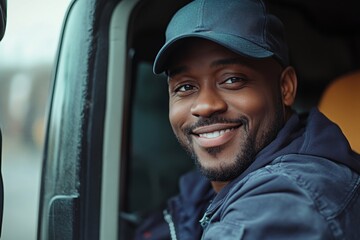 Happy black professional driver getting out of his truck and looking at camera. Generative AI