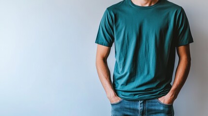 Obraz premium Teal T-Shirt Mockup: A Simple, Clean Image of a Man Modeling a Blank Teal T-Shirt Against a Light Blue Background. Perfect for Design Presentations or Branding.
