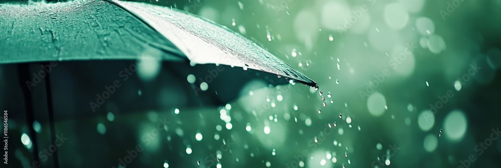 Poster rain falling on an umbrella creates a mesmerizing bokeh effect, with shimmering water drops against 