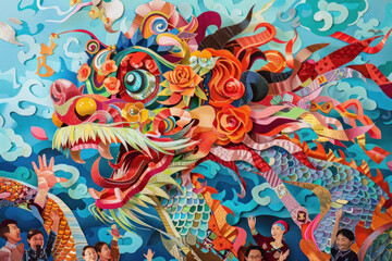 Chinese New Year snake paper cuttings, dynamic parade scene, lion and dragon dancers, vivid details, cheering crowd, cultural richness