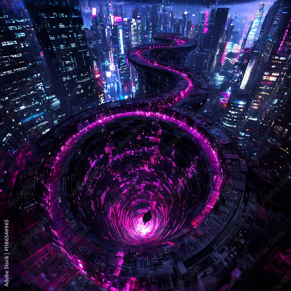 Poster luminous cascading ripples of color and motion surging through a futuristic digital cityscape of int