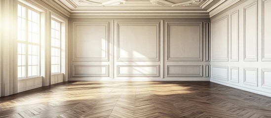 Obraz premium Elegant empty room with intricate stucco ceiling and herringbone parquet flooring perfect for real estate showcases and interior design projects