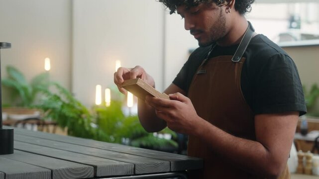 Indian Arabian latino man sad disappointed guy waiter cafe worker in apron male business owner barista work in cafe service no money cash tips bill payment serving in restaurant dissatisfied bankrupt