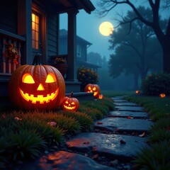 Glowing Jack o Lantern on the porch with a pathway, Halloween, glow