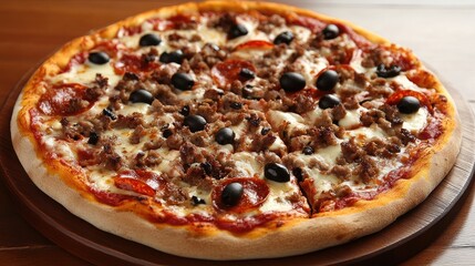 Delicious homemade pizza topped with olives and sausage on a rustic wooden table