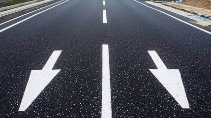 Aerial view of freshly paved asphalt road with directional arrows and clear center line indicating traffic movement and road repair details