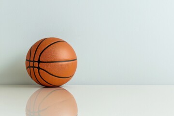 Orange Basketball Resting on a Reflection Table Against Light Wall