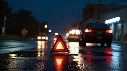 Red triangle warning sign on the road with broken car and city lights in the background. Car accident, red emergency sign