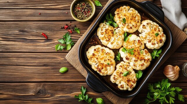 Roasted cauliflower steaks in a baking dish with herbs and spices on a rustic wooden table gourmet healthy meal top view