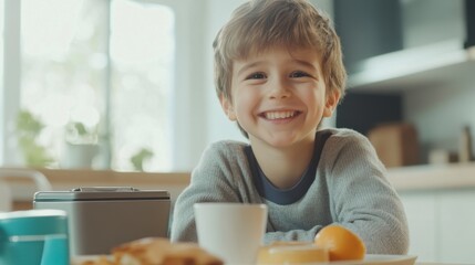 Fototapeta premium Joyful Breakfast: A cheerful young boy beams with happiness while enjoying a delicious breakfast at his kitchen table, radiating pure joy and the simple pleasures of morning.