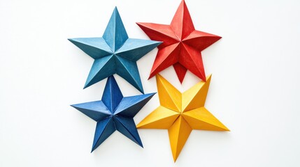 Colorful paper stars in blue red yellow and gold arranged on a white background showcasing creative decoration and craft design elements.