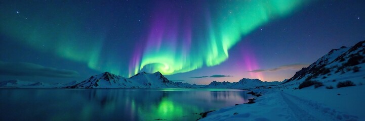 Dark Arctic night with Northern Lights in sky, Aurora Borealis, Arctic