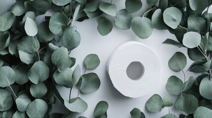 Toilet Paper Surrounded by Eucalyptus Leaves for a Fresh and Clean Hygiene Concept Image