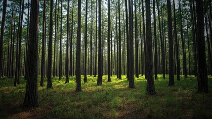 Fototapeta premium Lush Tropical Pine Forest with Tall Trees and Sunlight Filtering Through Green Underbrush