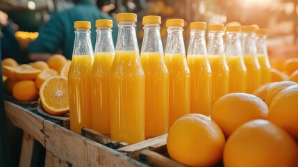 Freshly Squeezed Orange Juice Bottles at Street Stand with Oranges Signifying Summer Refreshment and Small Business Opportunity