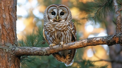 Tawny Mouthed Owl perched on a tree branch showcasing its striking features in a serene natural setting