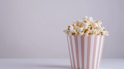 Delicious fresh popcorn overflowing from a striped paper cup on a clean white background perfect for snack and cinema themed designs