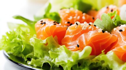 Fresh Salmon Sushi Salad with Sesame Seeds and Crisp Greens on Elegant White Plate