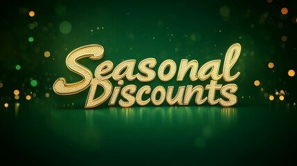 Festive holiday seasonal discounts graphic with golden text on green sparkling background