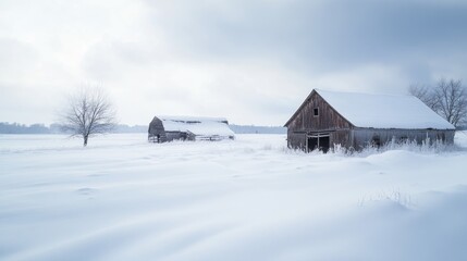 Snow-covered fields surround old barn houses in a serene winter landscape under a cloudy sky with a solitary tree in the distance.