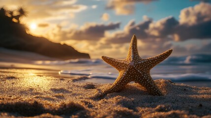 Fototapeta na wymiar Starfish resting on sandy beach during sunset with gentle waves and dramatic sky in the background creating a serene coastal atmosphere