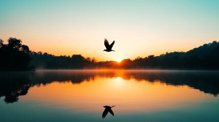 Fototapeta premium A tranquil lake reflecting the silhouette of a bird flying against a soft morning sky.