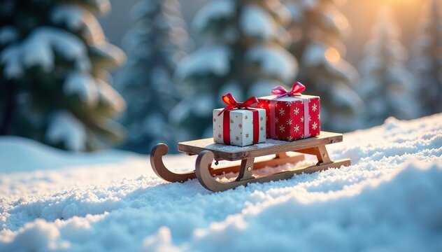 A small childless wooden sled on a snowy hill, snow, holiday, presents