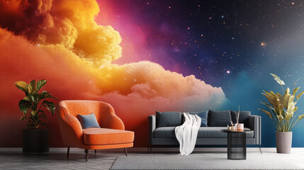 Cosmic Dreamscape: A stunning wall mural transforms a living room into a celestial haven, with vibrant clouds and twinkling stars creating a mesmerizing backdrop for a cozy seating arrangement.