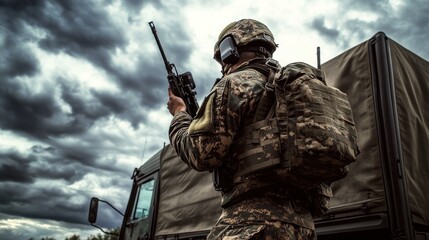 Obraz premium Soldier with rifle on duty near military vehicle under stormy sky.