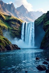Waterfall with rippling water and abstract shapes, serenity, ripples, mountains