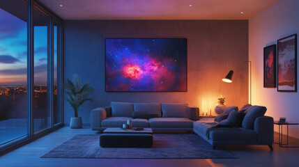 Modern Living Room with a View:  A spacious, minimalist living room with a captivating abstract painting, large windows showcasing a stunning cityscape sunset, and a modern sectional sofa.