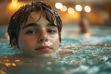 A young boy swimming laps in a pool under the stars