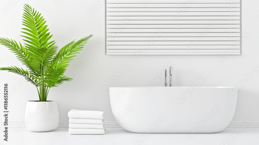 Wall mural Modern Minimalist Bathroom Design with White Bathtub, Towels, and Potted Plant in Bright Inviting Space