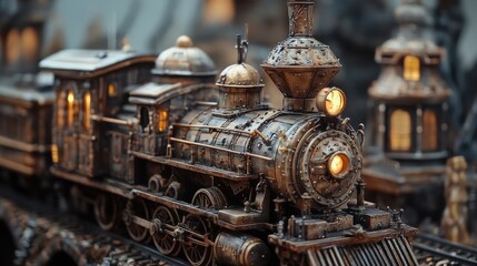 Fototapeta premium Detailed close-up of a vintage steam locomotive showcasing intricate metalwork and glowing lights for rail transport enthusiasts.