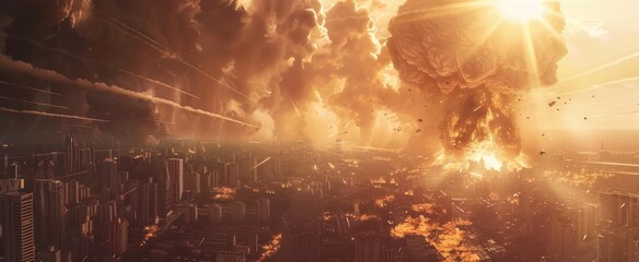 Obraz premium explosion nuclear bomb in middle big city destruction apocalypse