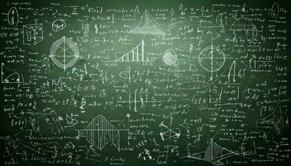 Complex mathematical symbols and diagrams fill a chalkboard in a classroom setting