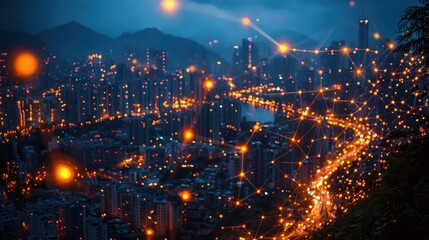 Fototapeta premium Night cityscape with glowing network connections.