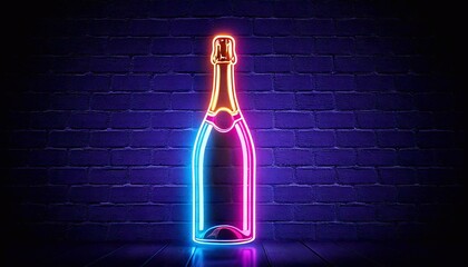 Neon champagne bottle glowing against a dark brick wall in a festive setting