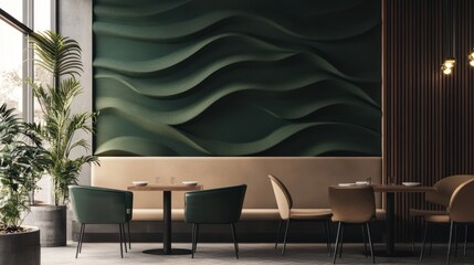 Modern restaurant interior design, green wave wall, city view, seating area
