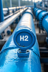 Close up of blue hydrogen gas pipelines in industrial area generated.AI
