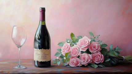 Elegant arrangement of wine bottle and pink roses on wooden table against soft pastel background for romantic occasions and celebrations