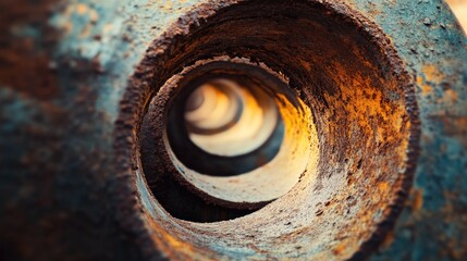 Rusty steel coil with a circular pattern showcasing texture and depth in industrial environments. Ideal for abstract or machinery themes.