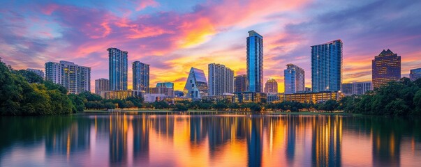 Fototapeta premium sunset skyline, cityscape, reflection on water, vibrant colors, dramatic clouds, urban landscape, modern architecture