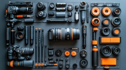 Fototapeta premium A curated collection of photography equipment meticulously arranged, showcasing a variety of lenses, cameras, and accessories in a visually appealing flat lay composition.