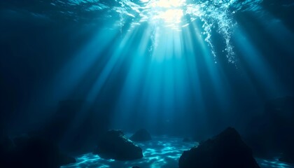 Fototapeta premium Ocean Depths: Sunbeams Illuminate Serene Underwater Rocks