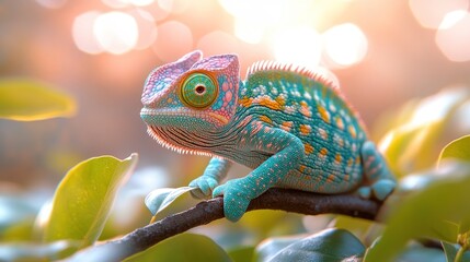 Fototapeta premium Vibrant chameleon perched on a branch amidst lush foliage, bathed in warm sunlight.
